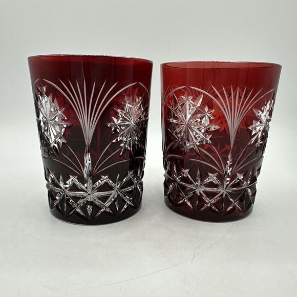 2 Bohemian AJKA Crystal Ruby Red Etched Glasses Snowflake Winter Holiday RARE - Picture 6 of 13